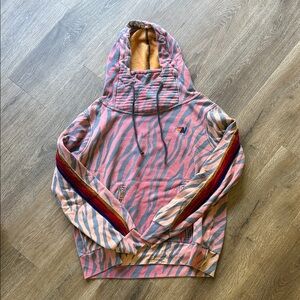 Aviator Nation Pink Zebra-Stripe Crewneck Hoodie with Multicolor Sleeve Stripes